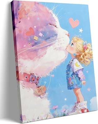 粉色猫咪亲吻女孩帆布画